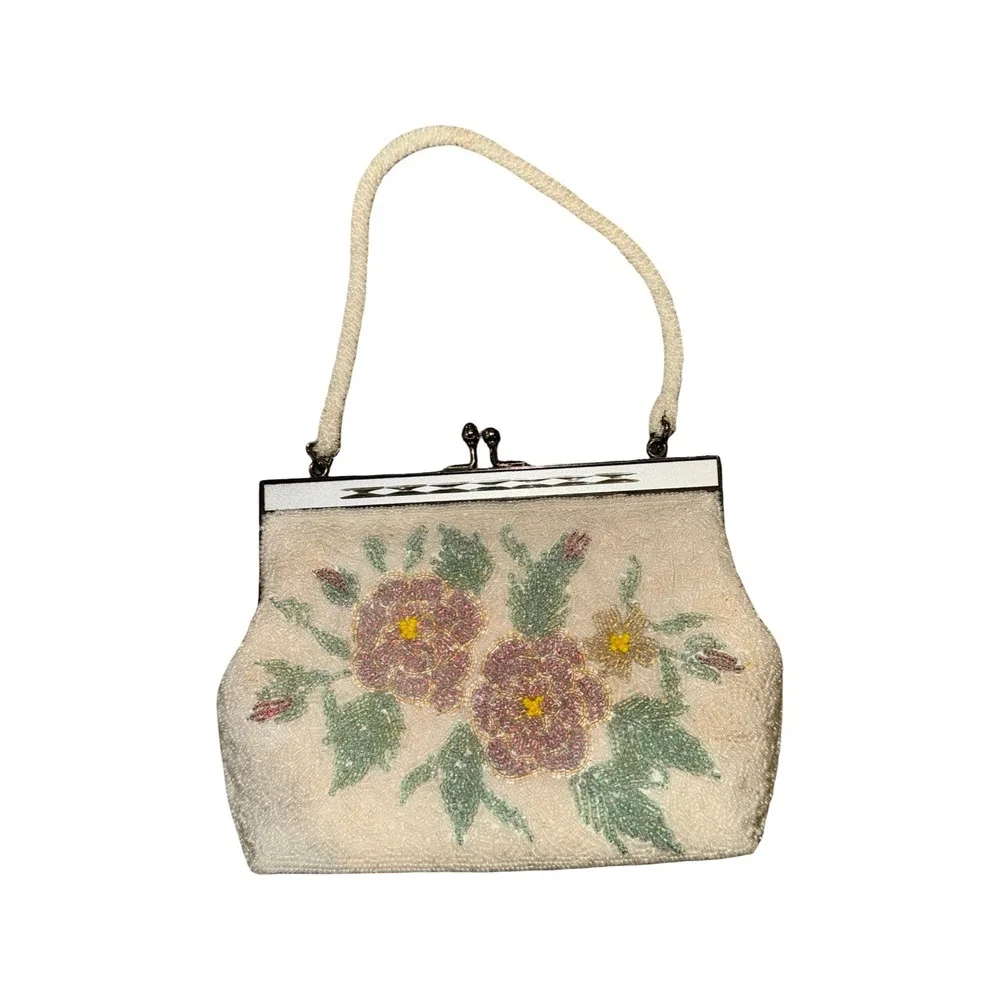 CMC Taiwan Beaded Handbag Womens White 1950s‎ Floral Kiss Lock Evening Bag